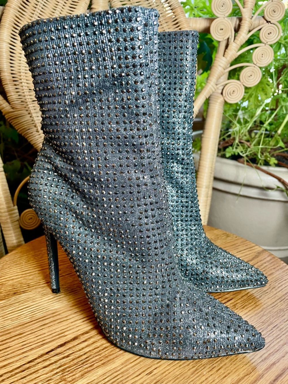 Steve Madden Charcoal Crystal-Studded Pointed Toe 5” Stiletto Ankle Boots